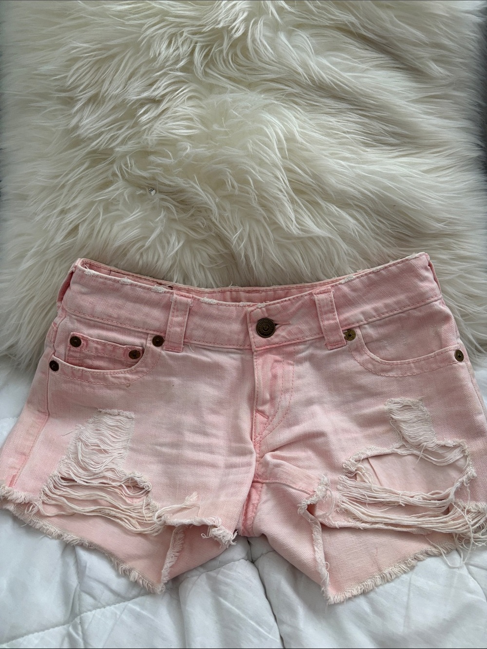 True Religion Light Pink Distressed Denim Shorts